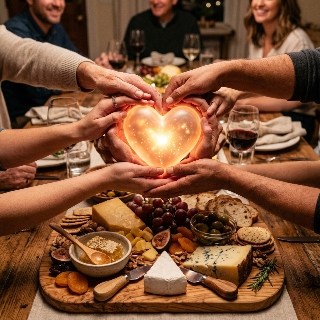 Multiple hands holding a glowing heart over a charcuterie board during a dinner gathering