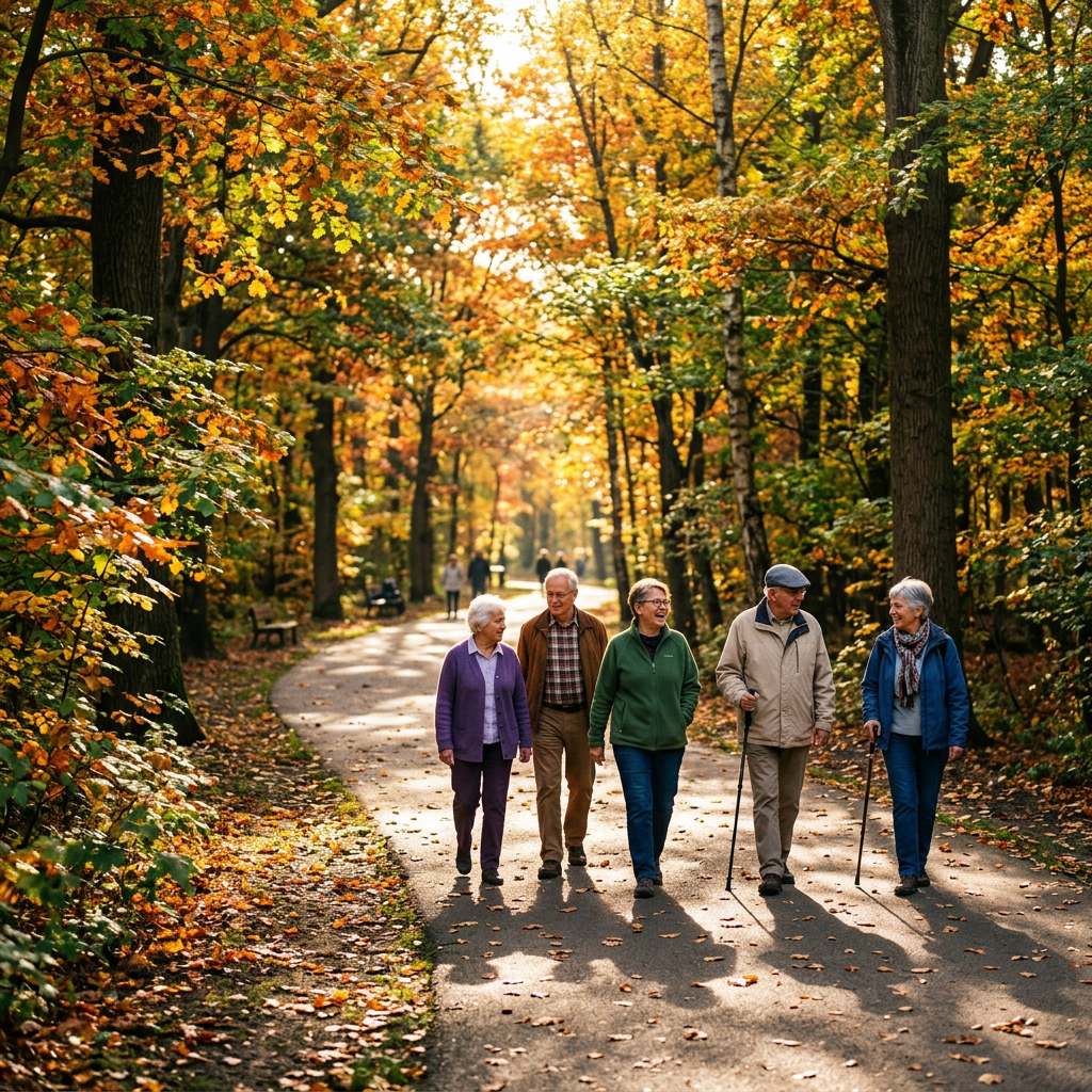 Five elderly people walking together on a sunlit forest path surrounded by autumn foliage
