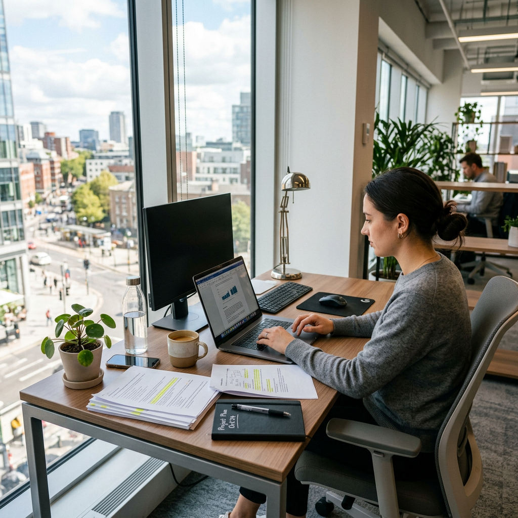 Woman typing on a laptop at a desk with papers, coffee, and a city view window