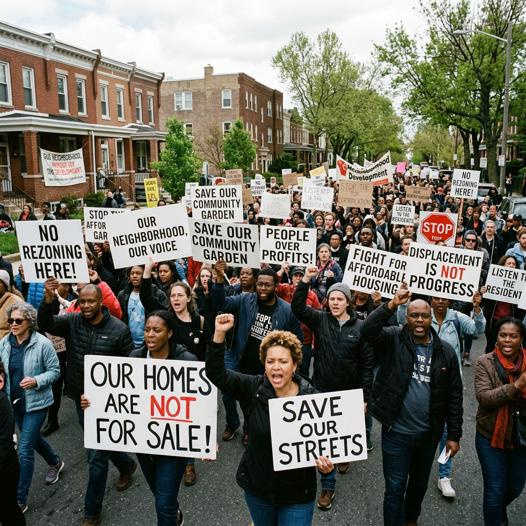 Crowd protesting with signs about housing, rezoning, and community preservation